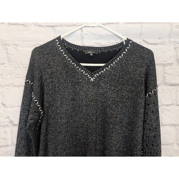 Pure Amici Cotton Silk Blend Black Silver Metallic V-Neck Sweater Size Med - Picture 8 of 9